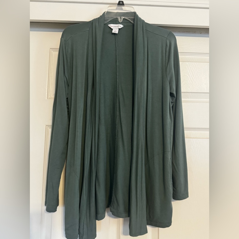Liz Claiborne Cardigan Small Sage Green Open Front Lightweight Stretch